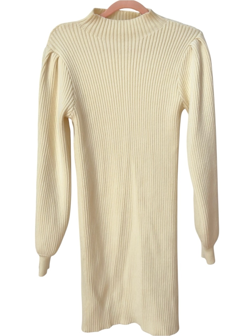 &merci Cream Ribbed Knit Mock Neck Long Sleeve Ribbed Sweater Dress. Large.